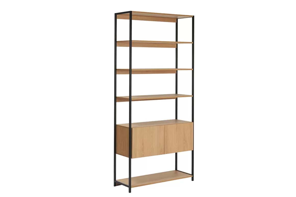 Miliboo Bücherregal mit geschlossenem Stauraum in hellem Eichenholz und schwarzem Metall B94 cm FLEA