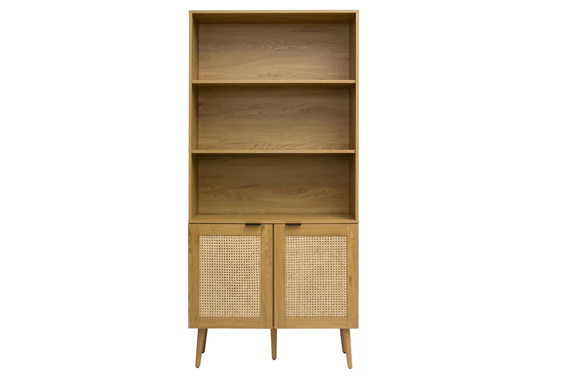 Miliboo Bücherregal mit heller Holzoberfläche, Rattan und schwarzem Metall-Finish L90 MANILLE