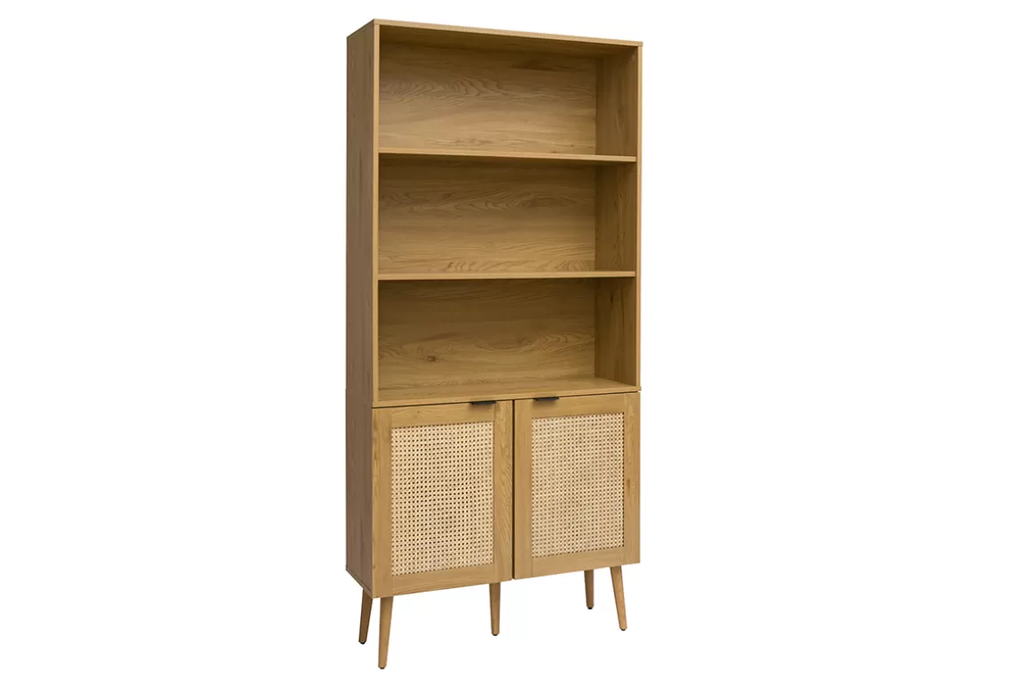 Miliboo Bücherregal mit heller Holzoberfläche, Rattan und schwarzem Metall-Finish L90 MANILLE
