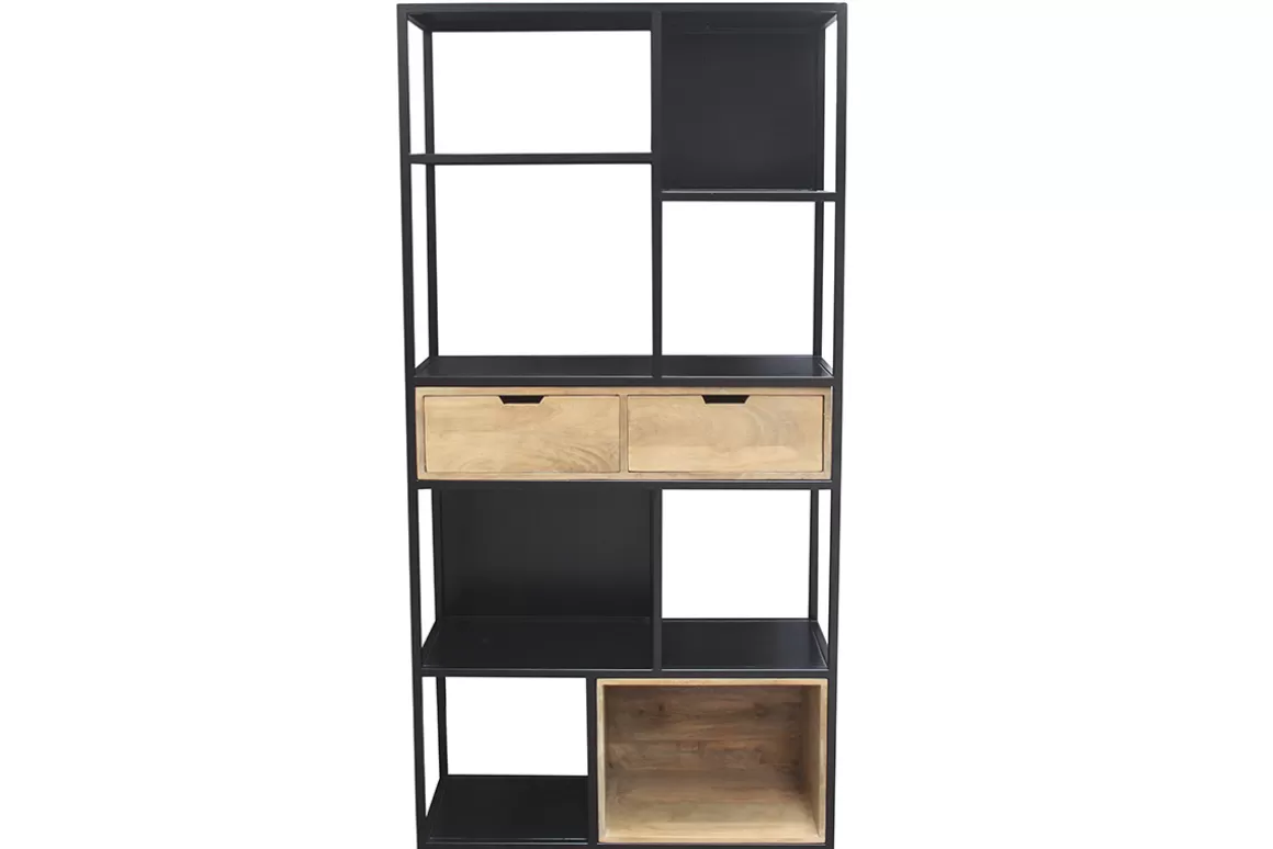 Miliboo Bücherschrank aus schwarzem Metall mit massivem Mango-Holz JAIPUR