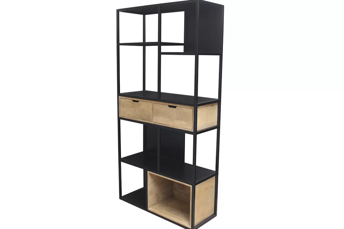 Miliboo Bücherschrank aus schwarzem Metall mit massivem Mango-Holz JAIPUR