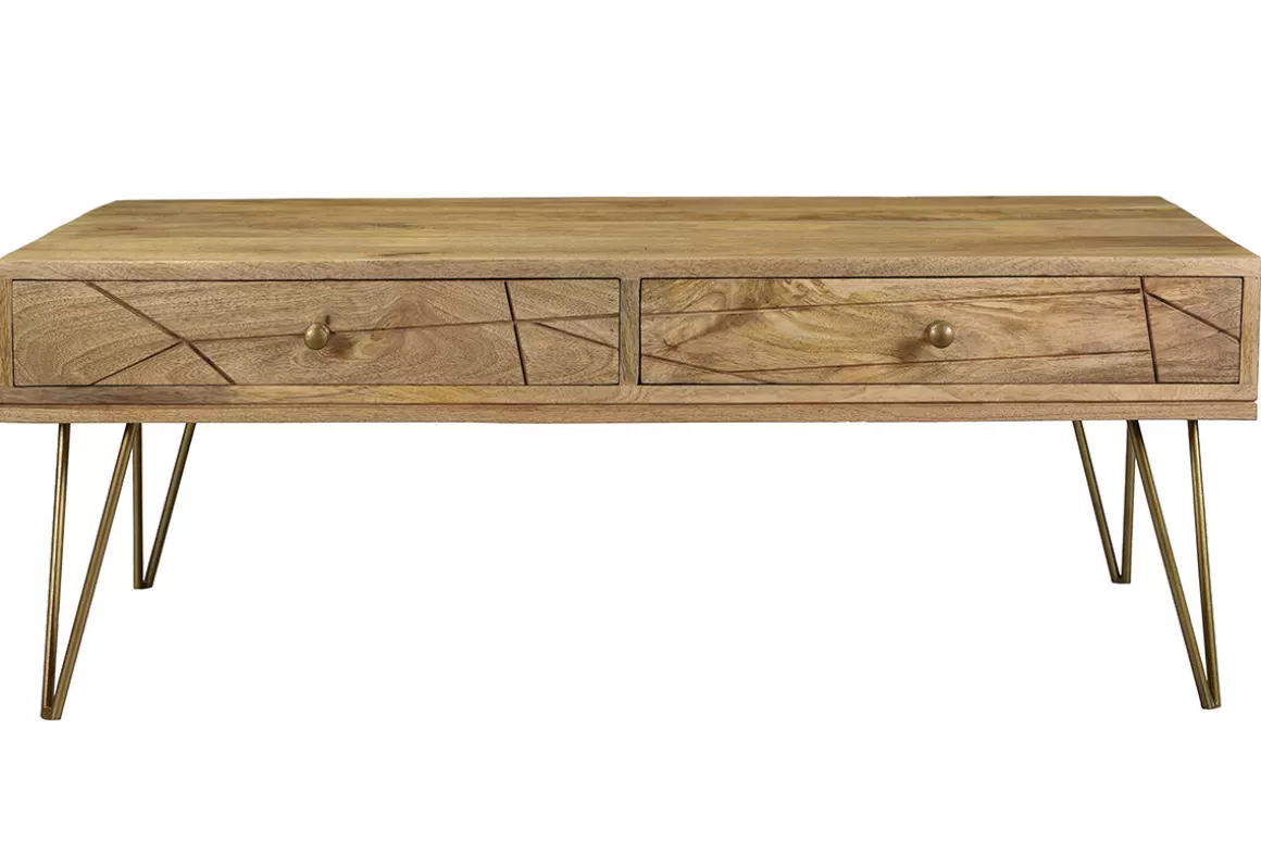 Miliboo Couchtisch graviert aus Mangoholz und vergoldetem Metall LINIUM