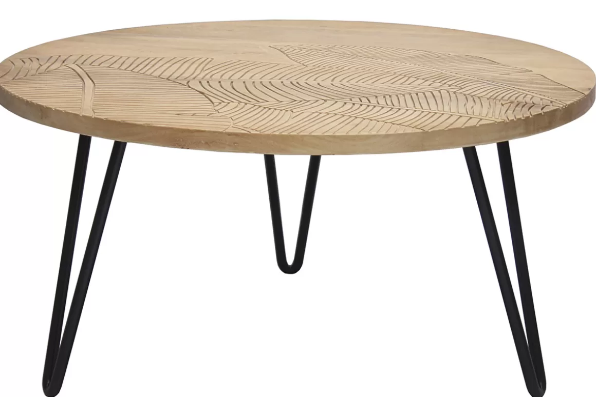 Miliboo Couchtisch rund strukturiert aus Mangoholz und schwarzem Metall VIBES