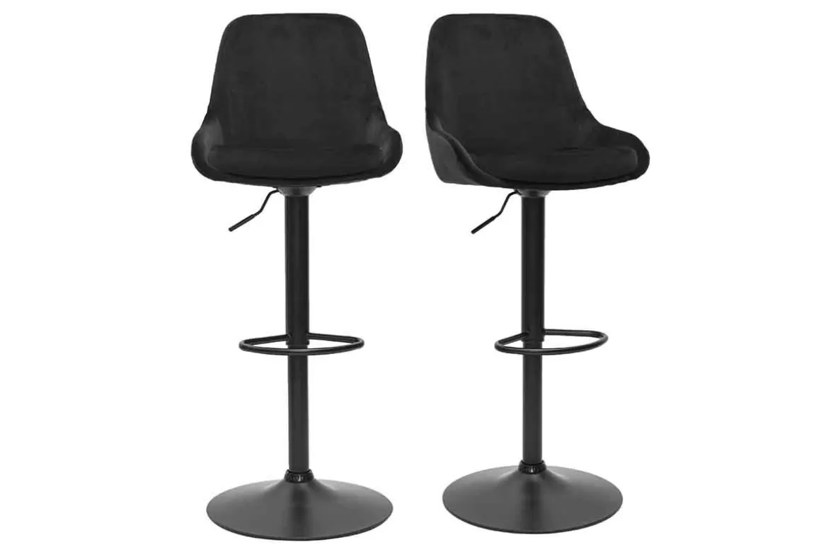 Miliboo Design-Barhocker aus petrolblauem Samtstoff und schwarzem Metall 360° drehbar (2er-Set) HOLO
