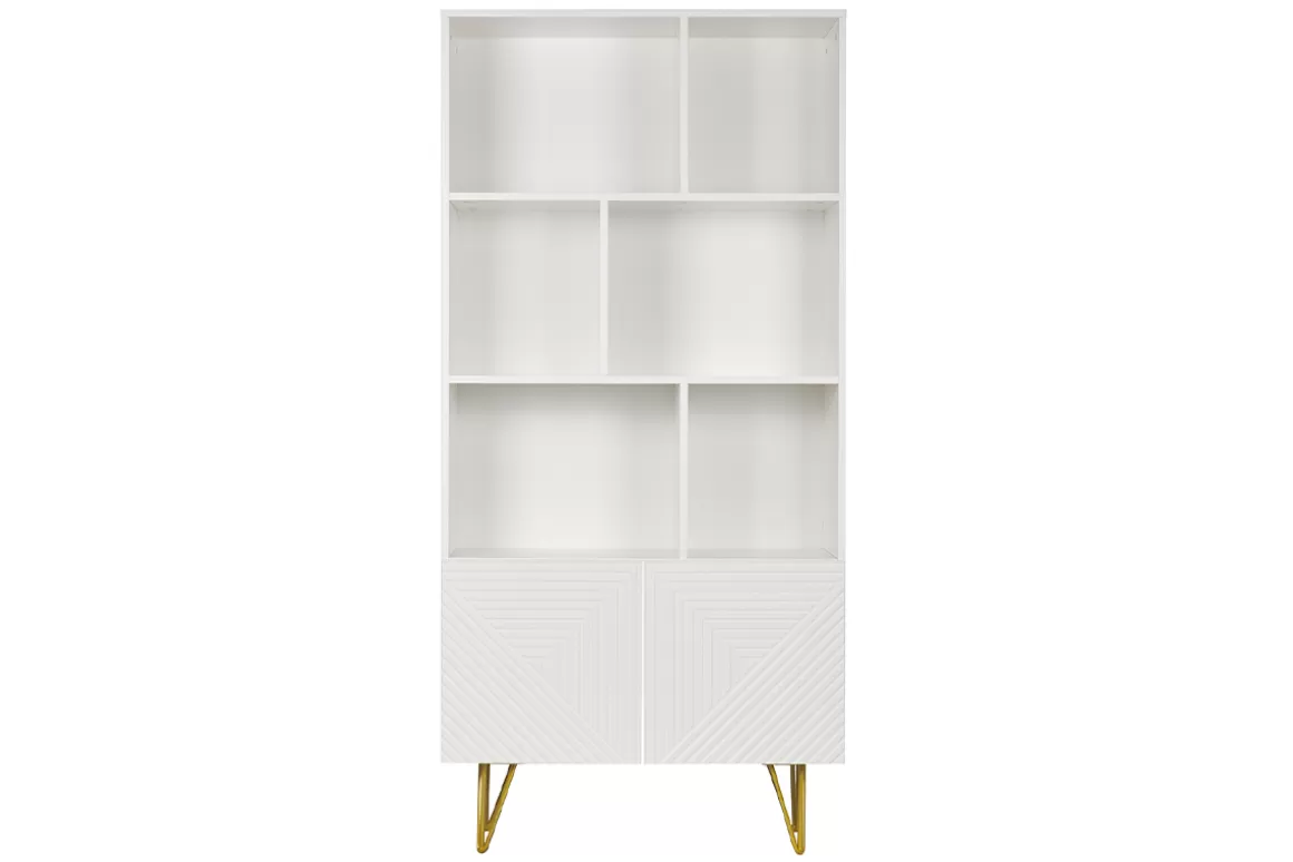 Miliboo Design-Bücherregal graviert matt weiß und goldfarbenes Metall 2 Türen B86 cm OZEN