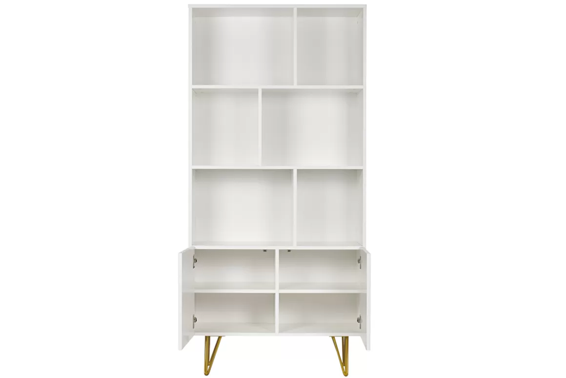 Miliboo Design-Bücherregal graviert matt weiß und goldfarbenes Metall 2 Türen B86 cm OZEN