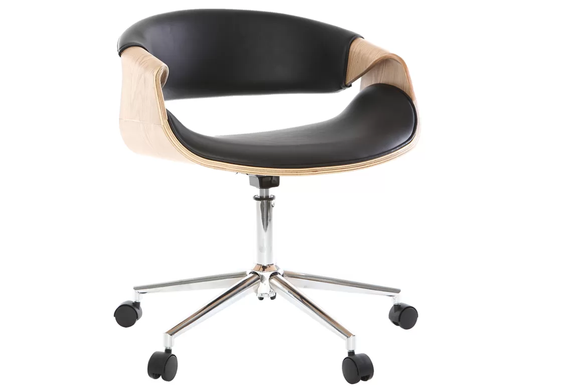 Miliboo Design-Bürosessel ARAMIS, schwarzes PU/helles Holz