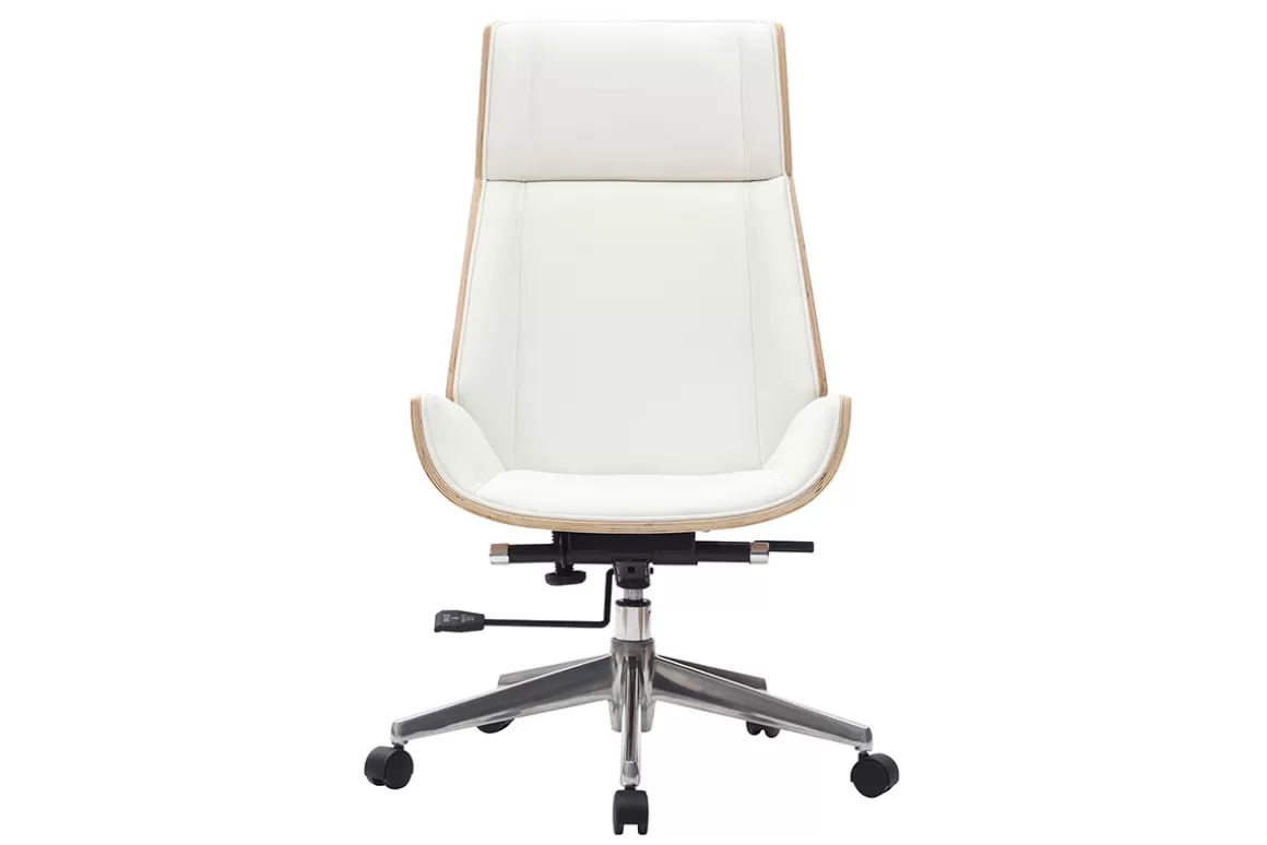 Miliboo Design-Bürosessel helles Holz und PU Weiß CURVED