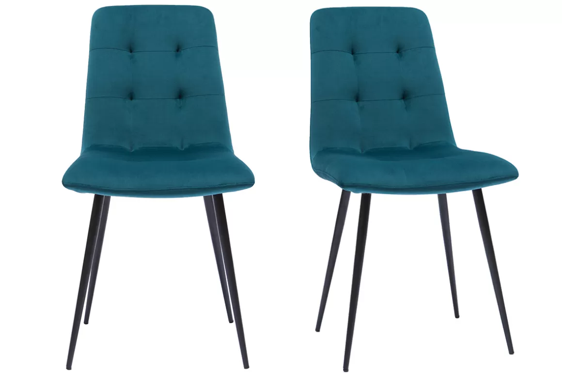 Miliboo Designer-Stühle gepolstert aus petrolblauem Samt und schwarzem Metall 2er-Set ESCAPE