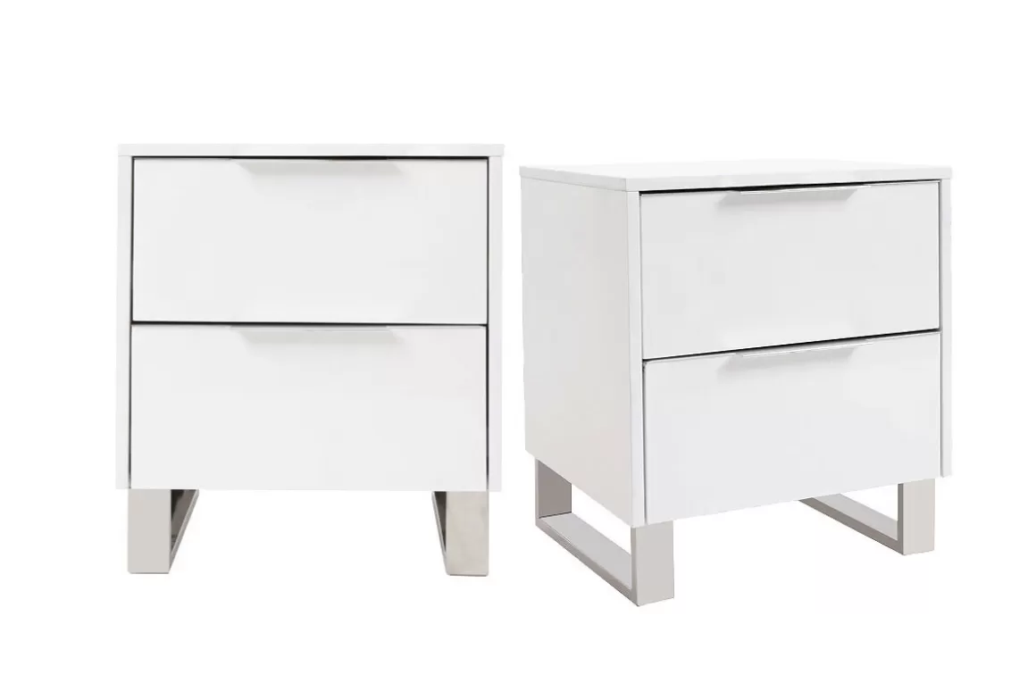 Miliboo Design-Nachttische weiß lackiert mit verchromtem Metall B45 cm (2er-Set) HALIFAX