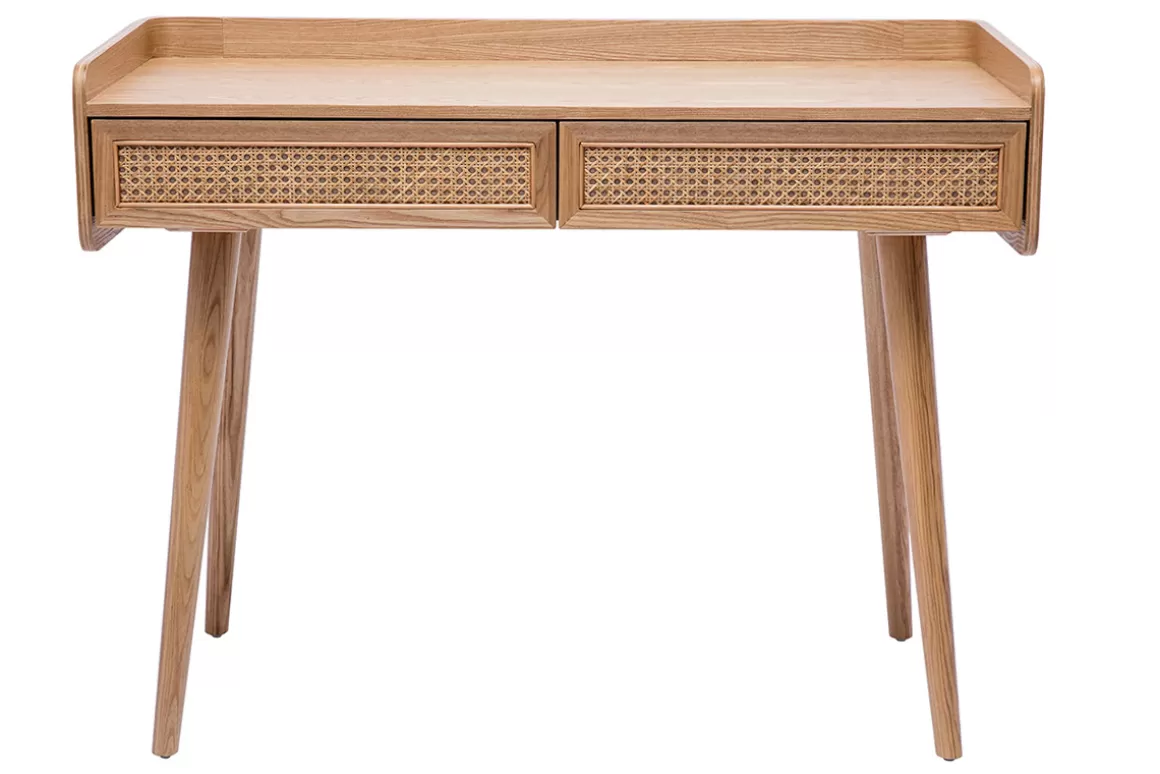 Miliboo Designschreibtisch mit 2 Schubladen aus hellem Holz und Rattan-Geflecht L105 cm ELSY