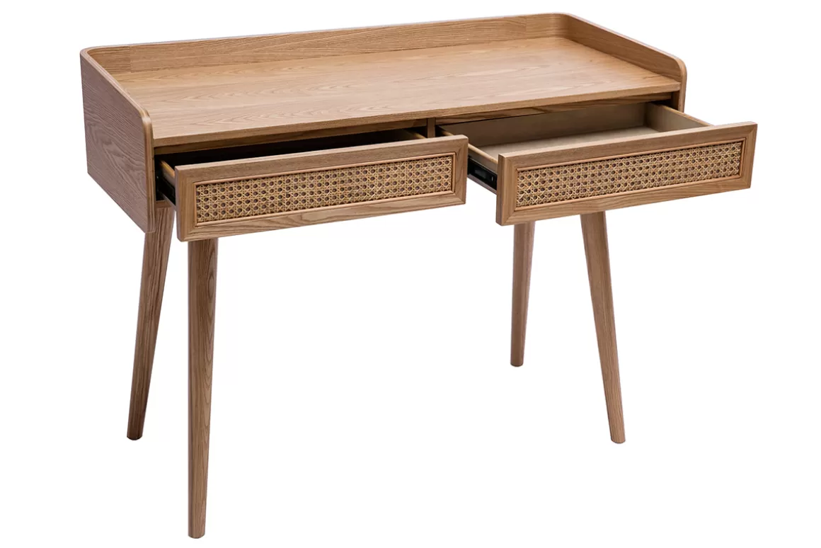 Miliboo Designschreibtisch mit 2 Schubladen aus hellem Holz und Rattan-Geflecht L105 cm ELSY