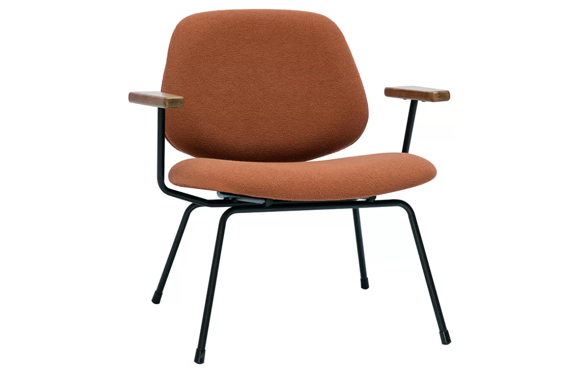 Miliboo Design-Sessel aus Stoff mit Bouclé-Wolleffekt in Terracotta, schwarzem Metall und dunklem Holz BARNET