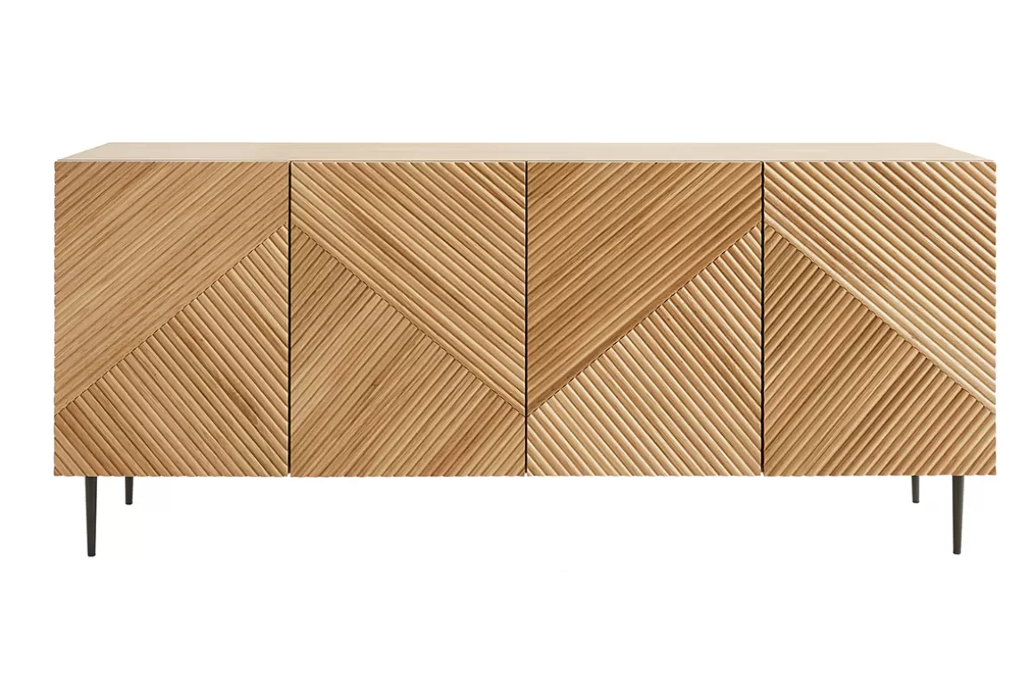 Miliboo Design-Sideboard aus hellem, massiver Eiche mit Gravur und schwarzem Metall, 4 Türen, B180 cm ARCHIPEL
