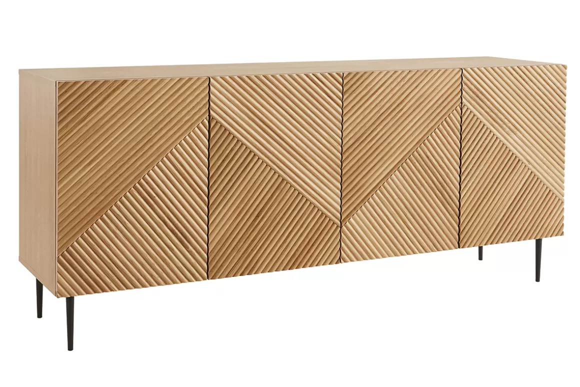 Miliboo Design-Sideboard aus hellem, massiver Eiche mit Gravur und schwarzem Metall, 4 Türen, B180 cm ARCHIPEL