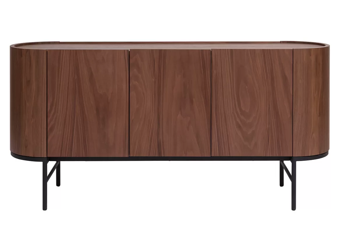 Miliboo Design-Sideboard dunkles Walnussfurnier und schwarzes Metall 3 Türen B160 cm SKYE