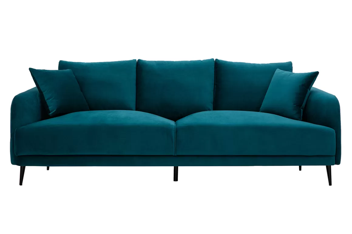 Miliboo Design-Sofa mit petrolblauem Stoff im Samtdesign und schwarzem Metall 3-Sitzer JERRY