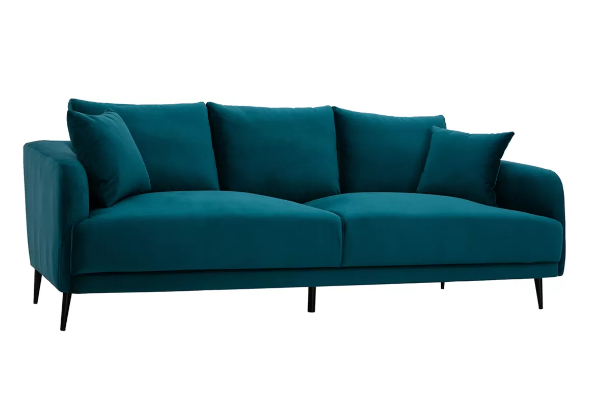 Miliboo Design-Sofa mit petrolblauem Stoff im Samtdesign und schwarzem Metall 3-Sitzer JERRY
