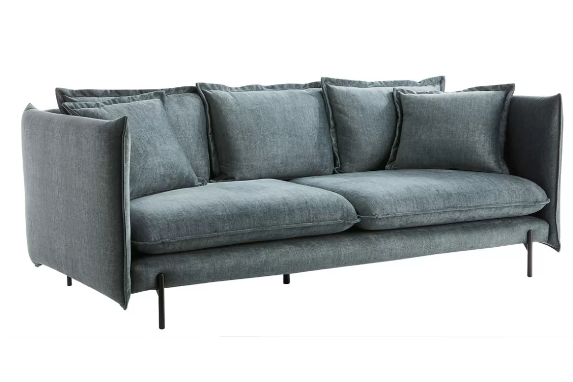 Miliboo Design-Sofa 3/4-Sitzer in blaugrauem Veloursstoff und schwarzem Metall ALMAR