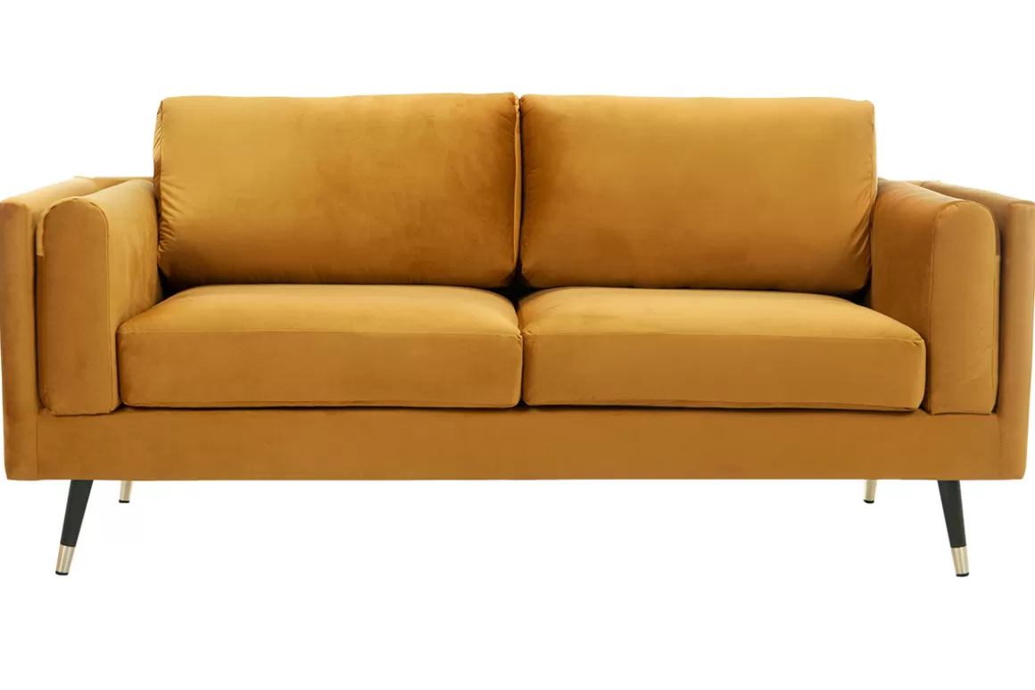 Miliboo Design-Sofa 2/3-Sitzer in gelben Samtstoff, dunkles Holz und goldfarbenes Metall STING