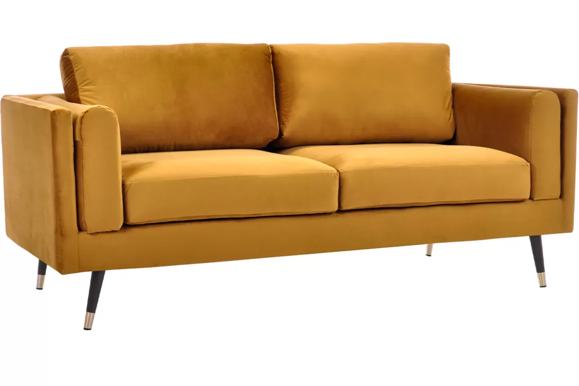 Miliboo Design-Sofa 2/3-Sitzer in gelben Samtstoff, dunkles Holz und goldfarbenes Metall STING