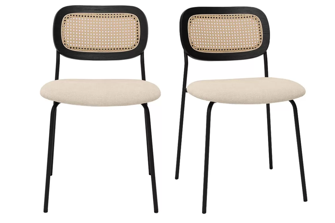 Miliboo Designstühle aus beigem Textur-Veloursstoff, schwarzem Metall und Rattan-Geflecht (2er-Set) MIRANDA