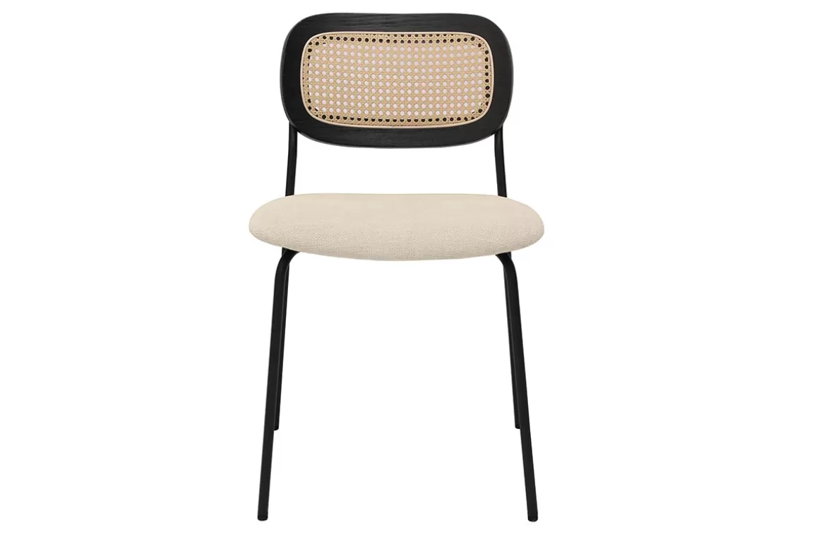 Miliboo Designstühle aus beigem Textur-Veloursstoff, schwarzem Metall und Rattan-Geflecht (2er-Set) MIRANDA