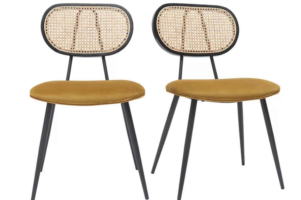 Miliboo Design-Stühle aus bronzefarbenem Samtstoff, schwarzem Metall und naturfarbenem Rattangeflecht (2er-Set) TOLMA