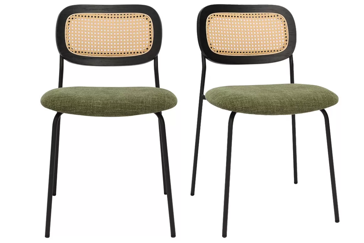 Miliboo Designstühle aus grünem strukturiertem Samtstoff, schwarzem Metall und Rattan-Geflecht (2er-Set) MIRANDA