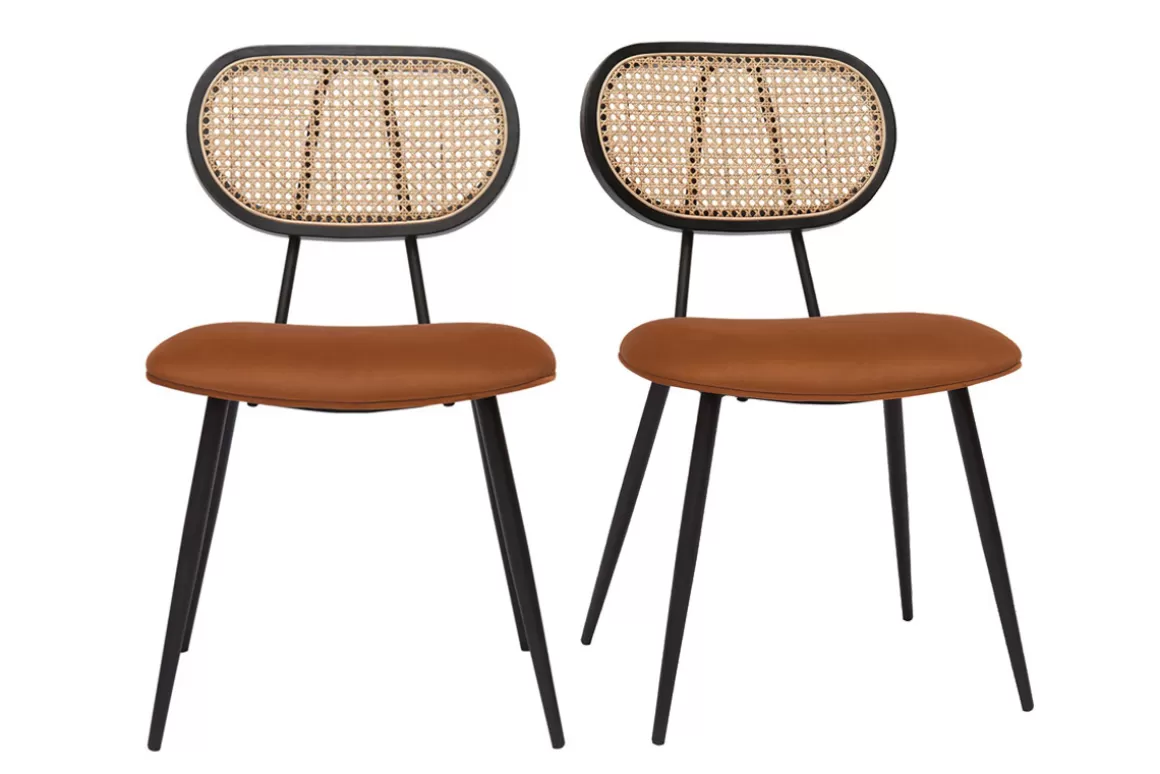 Miliboo Design-Stühle aus rotbraunem Samtstoff, schwarzem Metall und naturfarbenem Rattangeflecht (2er-Set) TOLMA