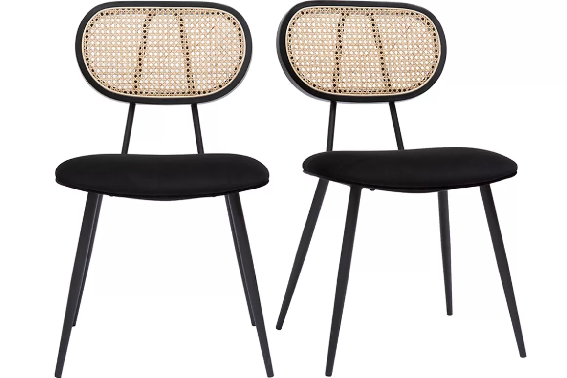 Miliboo Design-Stühle aus schwarzem Samtstoff, Metall und naturfarbenem Rattangeflecht (2er-Set) TOLMA
