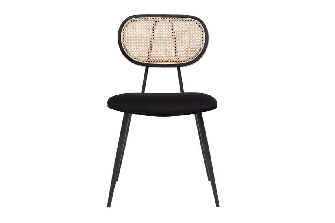 Miliboo Design-Stühle aus schwarzem Samtstoff, Metall und naturfarbenem Rattangeflecht (2er-Set) TOLMA