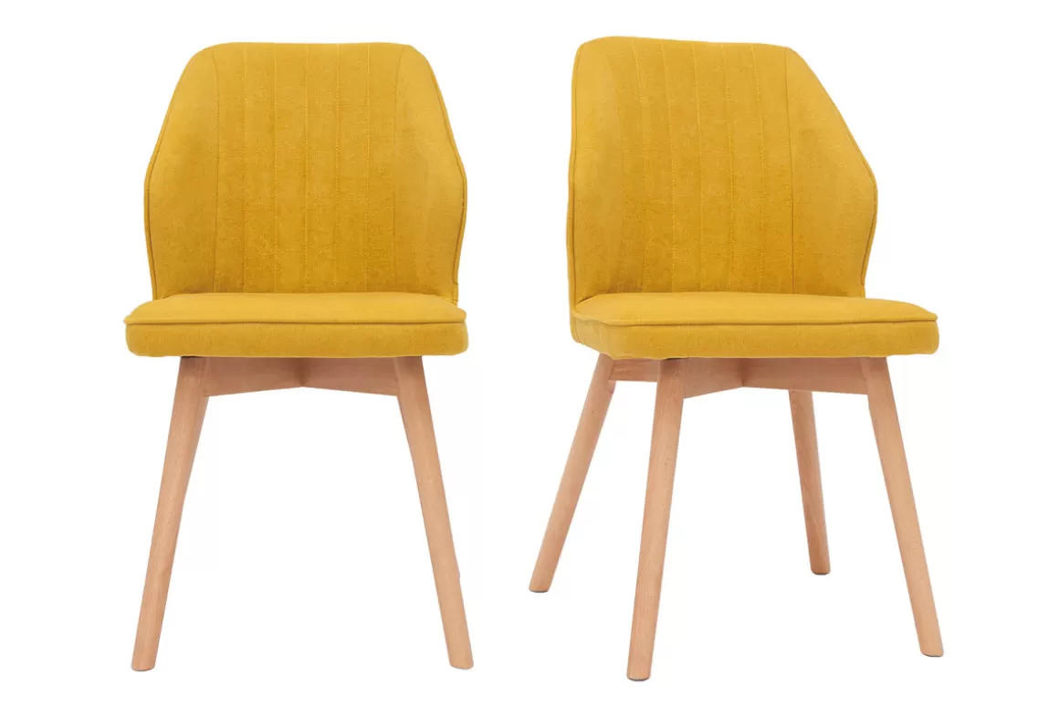 Miliboo Design-Stühle aus senfgelbem Stoff mit Samteffekt mit Beinen aus Holz (2er-Set) FANETTE