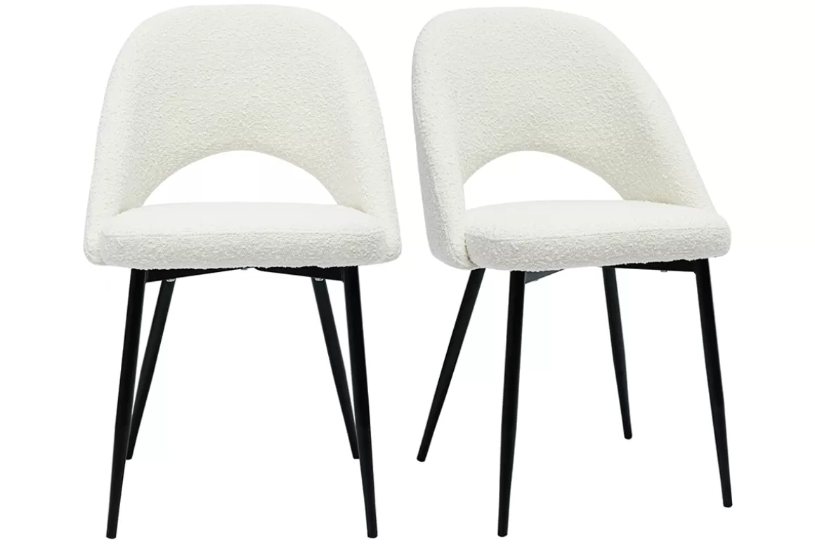 Miliboo Design-Stühle aus Stoff mit Bouclé-Wolleffekt in Weiß und schwarzem Metall (2er-Set) COSETTE