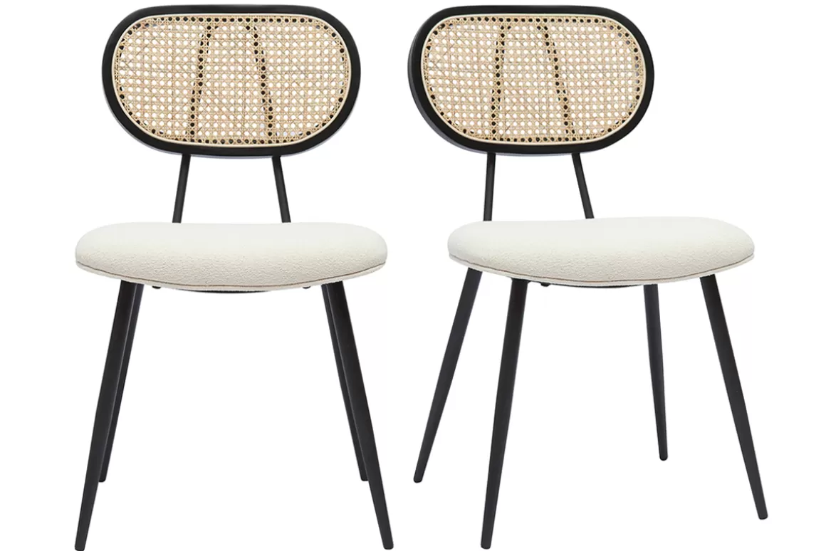 Miliboo Design-Stühle aus Stoff mit Wolleffekt in Off-White, schwarzem Metall und naturfarbenem Rattangeflecht (2er-Set) TOLMA