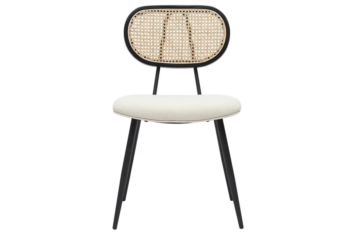 Miliboo Design-Stühle aus Stoff mit Wolleffekt in Off-White, schwarzem Metall und naturfarbenem Rattangeflecht (2er-Set) TOLMA