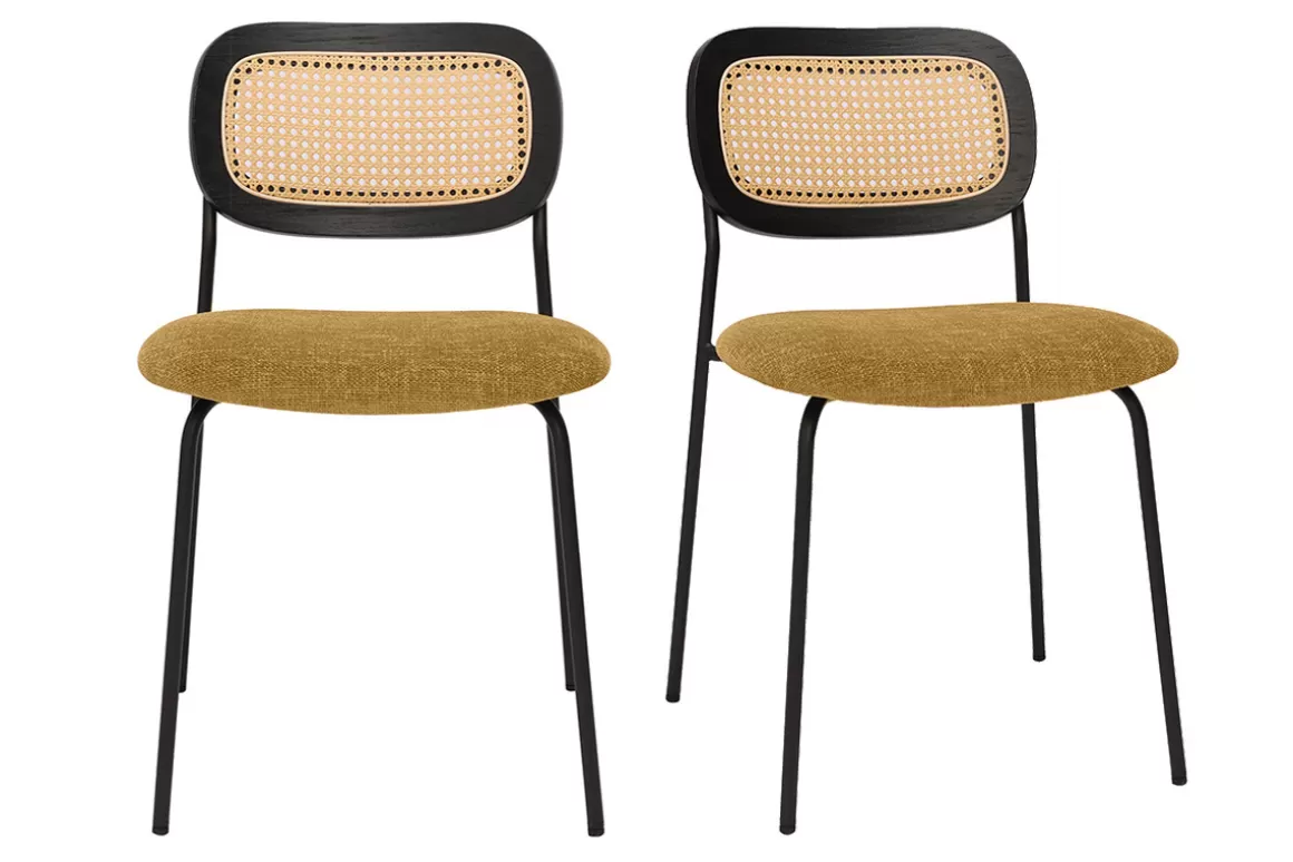 Miliboo Designstühle aus texturiertem Samteffekt in Bronze, schwarzes Metall und Rattan-Geflecht (2er-Set) MIRANDA