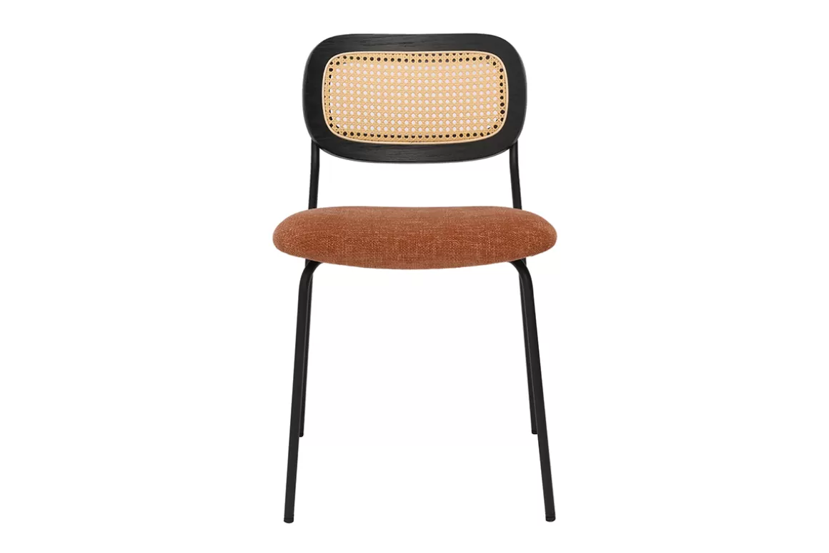 Miliboo Design-Stühle aus texturiertem Samtstoff in verbrannter Erde, schwarzem Metall und Rattan-Geflecht (2er-Set) MIRANDA