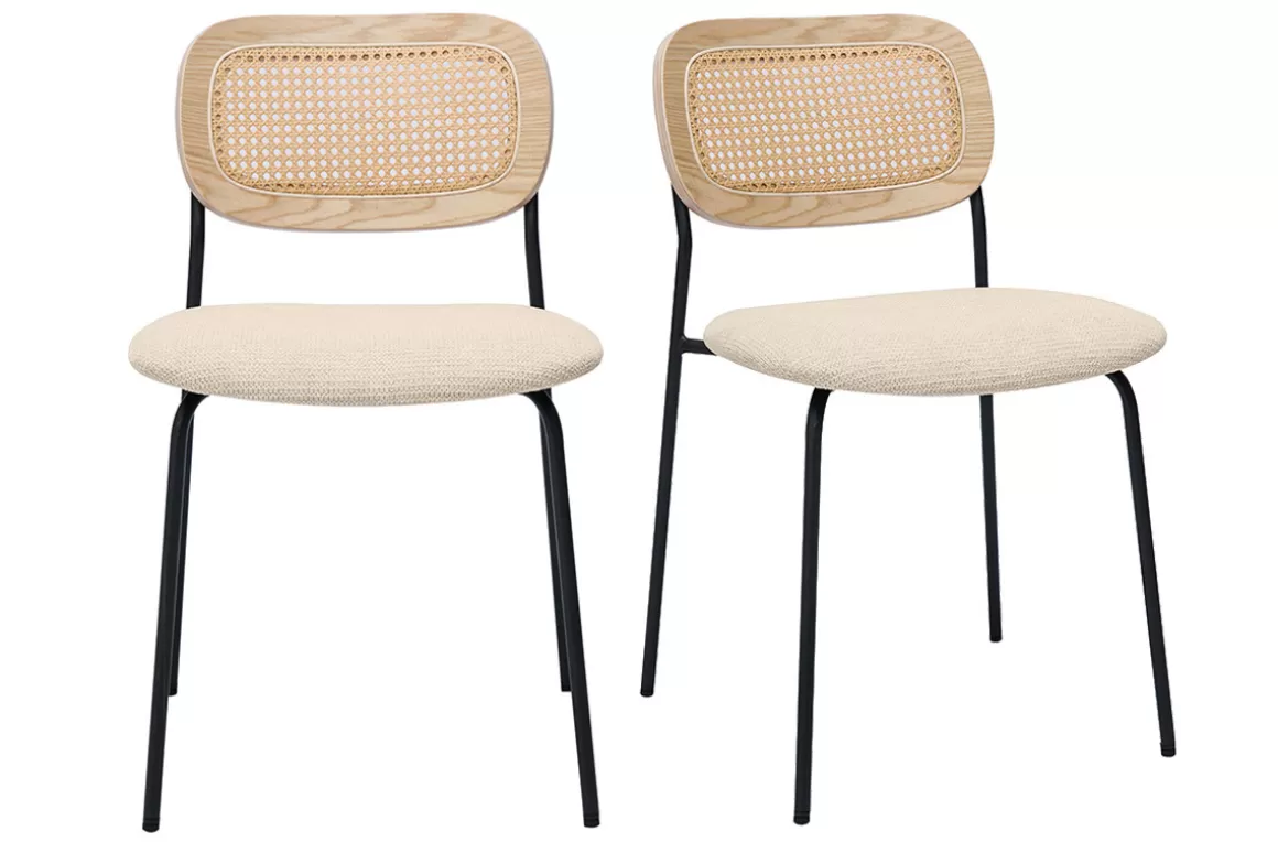 Miliboo Design-Stühle in beigem strukturiertem Samteffektstoff, schwarzem Metall und Rattanwebung (2er-Set) MIRANDA