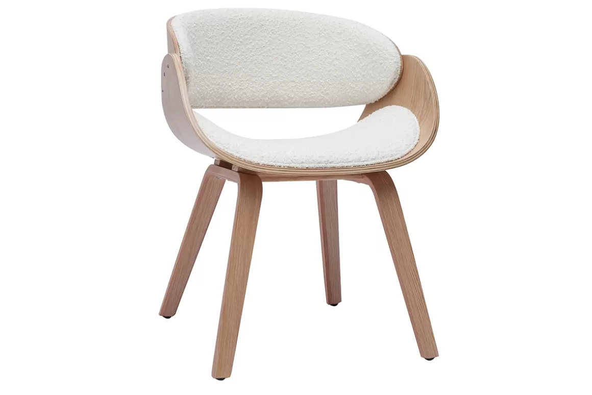 Miliboo Design-Stuhl aus weißem Stoff mit Bouclé-Wolleffekt und hellem Holz BENT