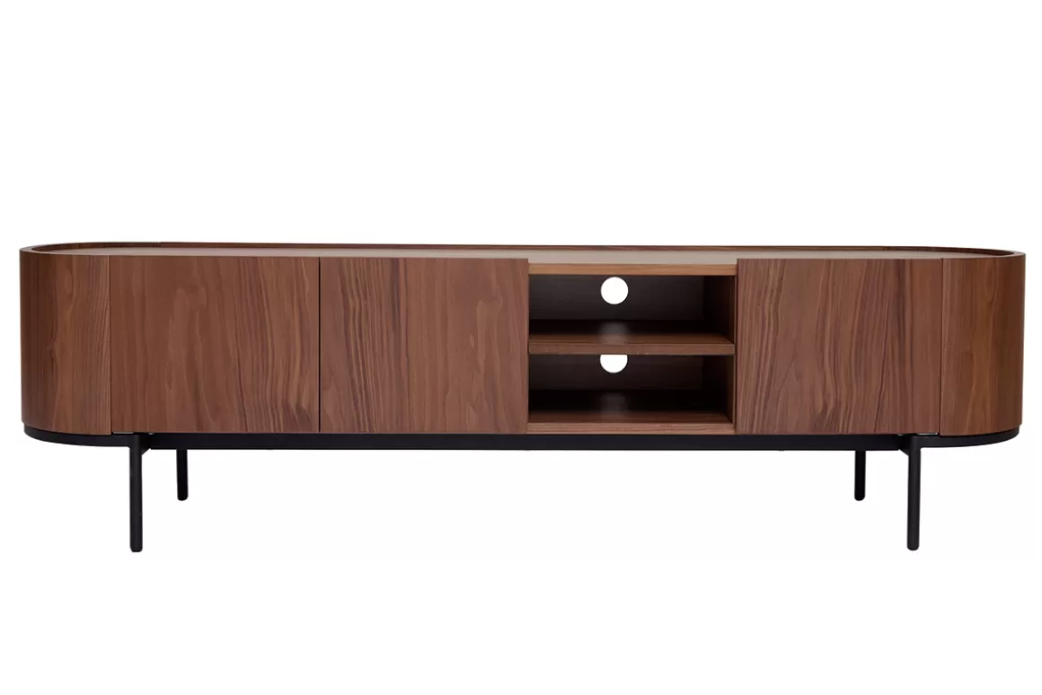 Miliboo Design-TV-Möbel aus dunklem Walnussfurnier und schwarzem Metall mit Stauraum B180 cm SKYE