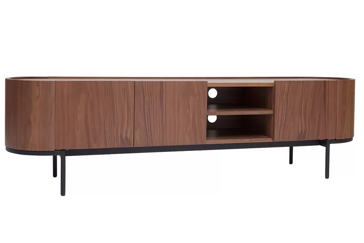 Miliboo Design-TV-Möbel aus dunklem Walnussfurnier und schwarzem Metall mit Stauraum B180 cm SKYE