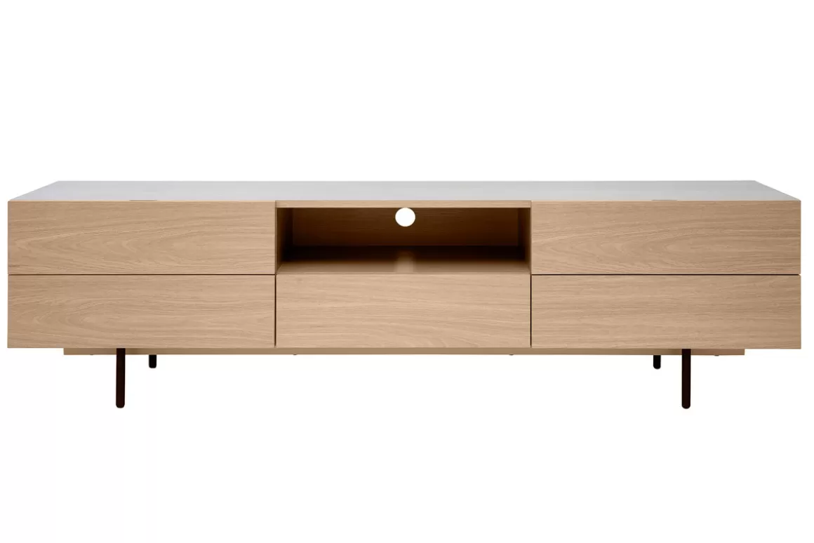 Miliboo Design-TV-Möbel mit Stauraum aus hellem Eichenfurnier und schwarzem Metall B180 cm ALASKA