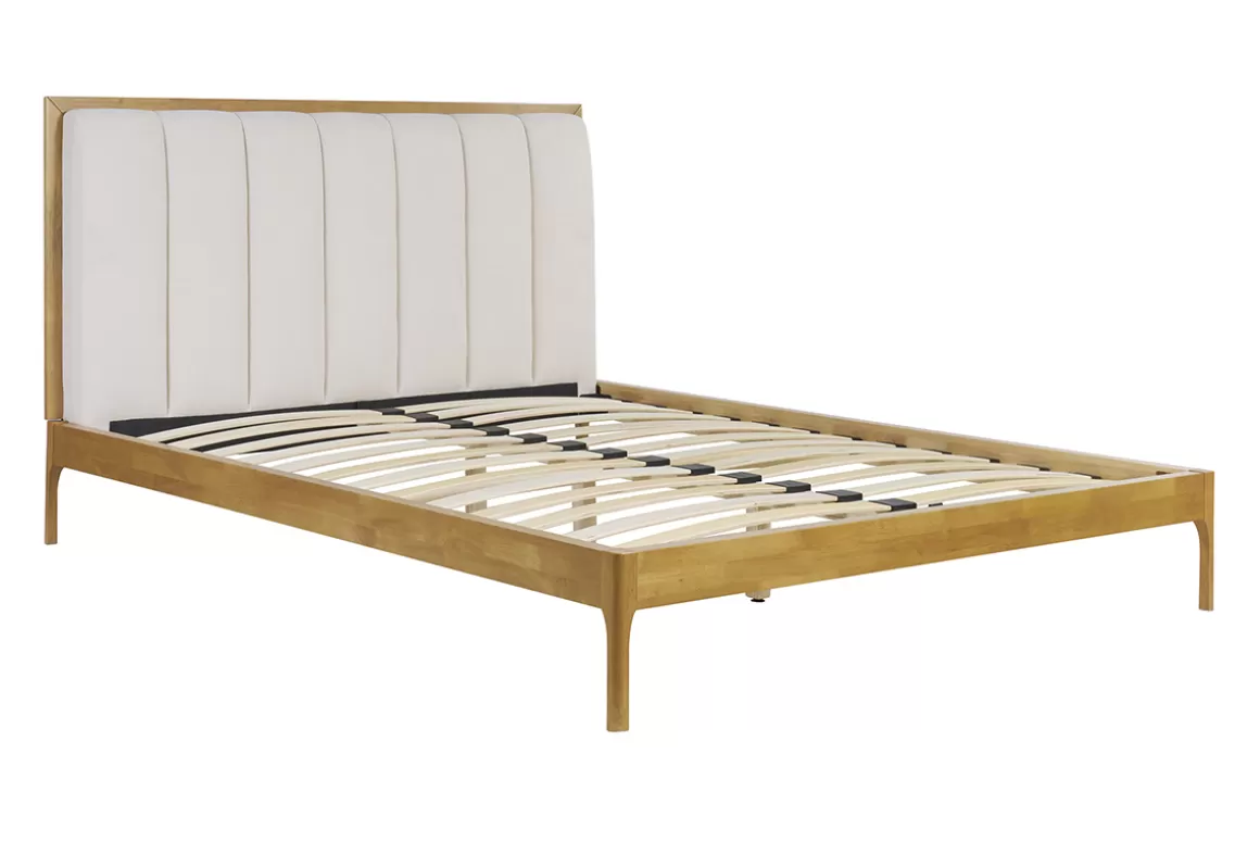 Miliboo Doppelbett 160x200 cm aus hellem Holz und hellgrauem Stoff RONN