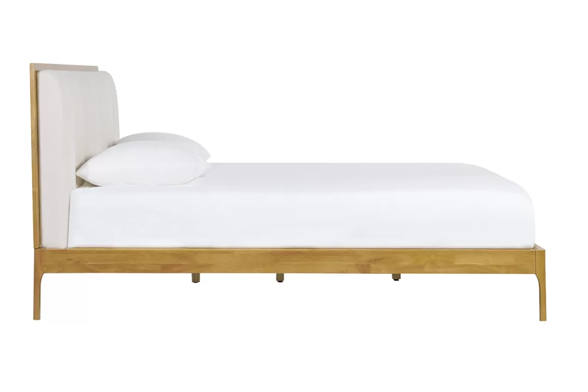 Miliboo Doppelbett 160x200 cm aus hellem Holz und hellgrauem Stoff RONN