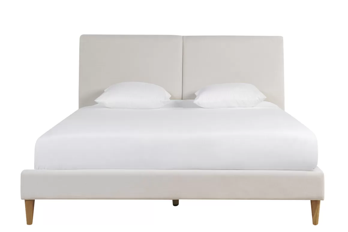 Miliboo Doppelbett 160x200 cm in beigem Stoff und hellem Holz SALOME