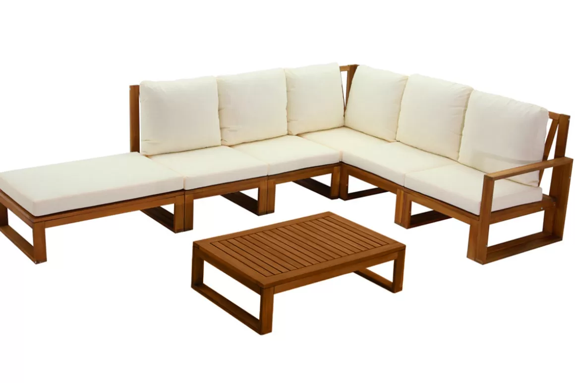 Miliboo Eck-Gartenmöbel aus Massivholz mit abziehbaren Kissen in Beige 6/8-Sitzer SALSA