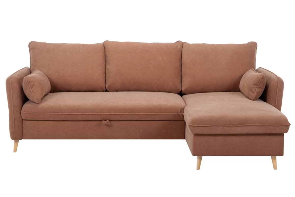 Miliboo Eck-Schlafsofa mit Stauraum 3/4-Sitzer Stoff in Terracotta und helles Holz DRISS
