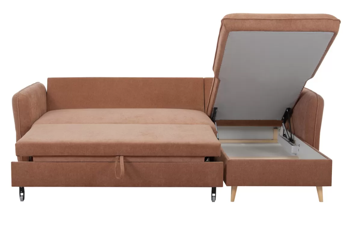 Miliboo Eck-Schlafsofa mit Stauraum 3/4-Sitzer Stoff in Terracotta und helles Holz DRISS