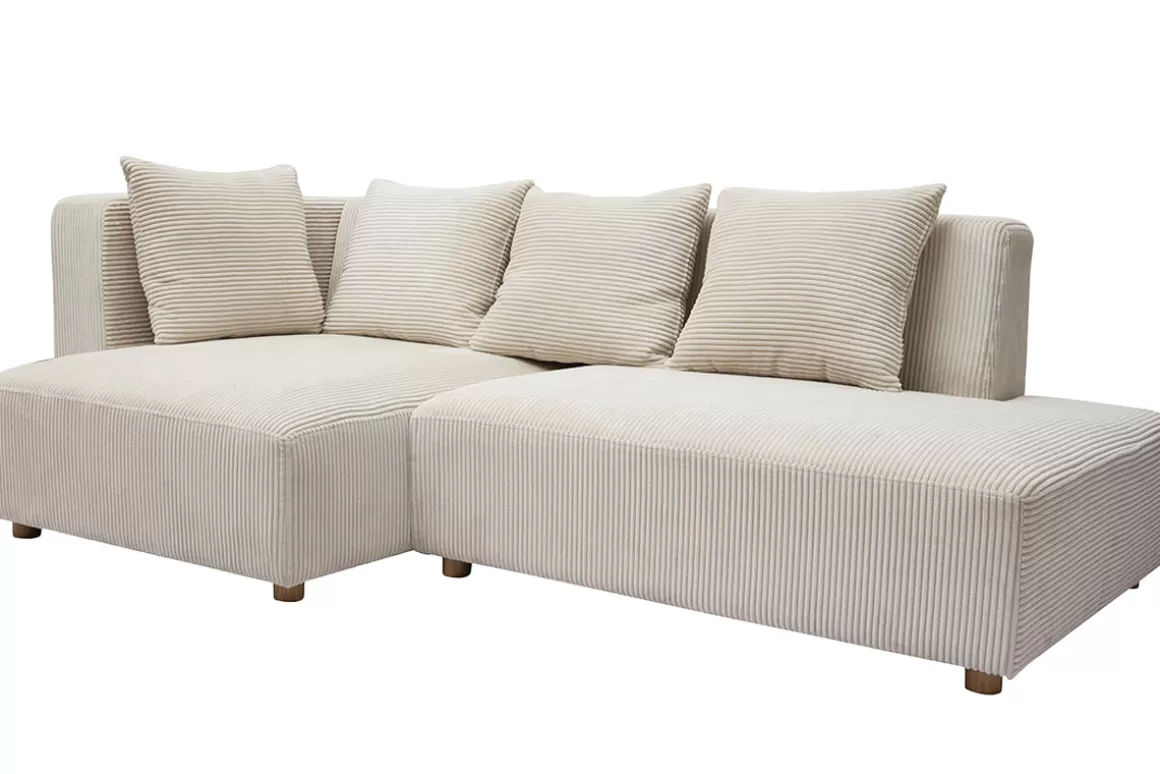 Miliboo Ecksofa links 3-Sitzer aus beigem Cord-Flachgewebe und hellem Holz HARLEM